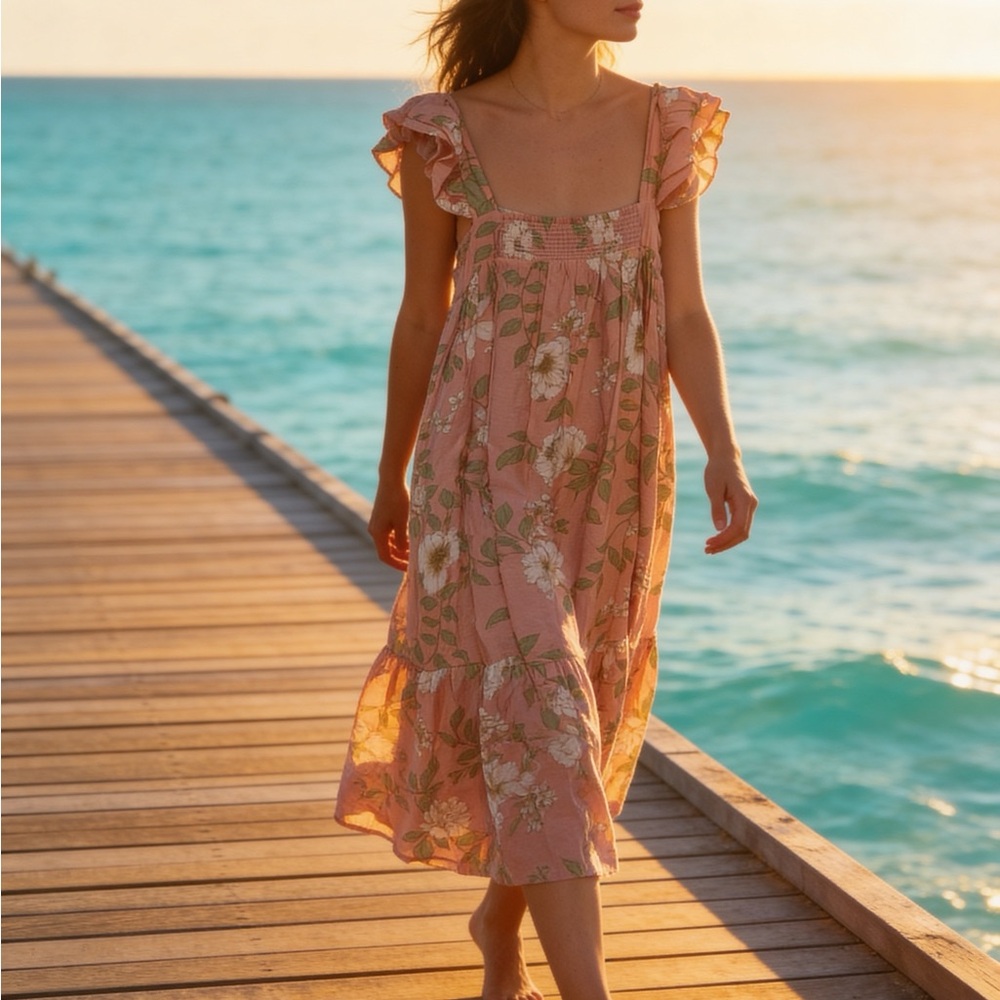 August Sky floral smock dress S spring summer beachy boho midi
